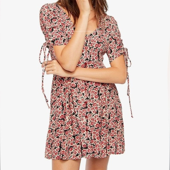 Free People Small Black Lace-up Mini Dress With Red Floral Pattern - Picture 1 of 16